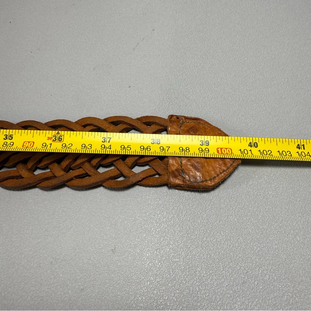 Braided Brown Leather Belt with Round Silver and Gold-Tone Buckle - Picture 6 of 6